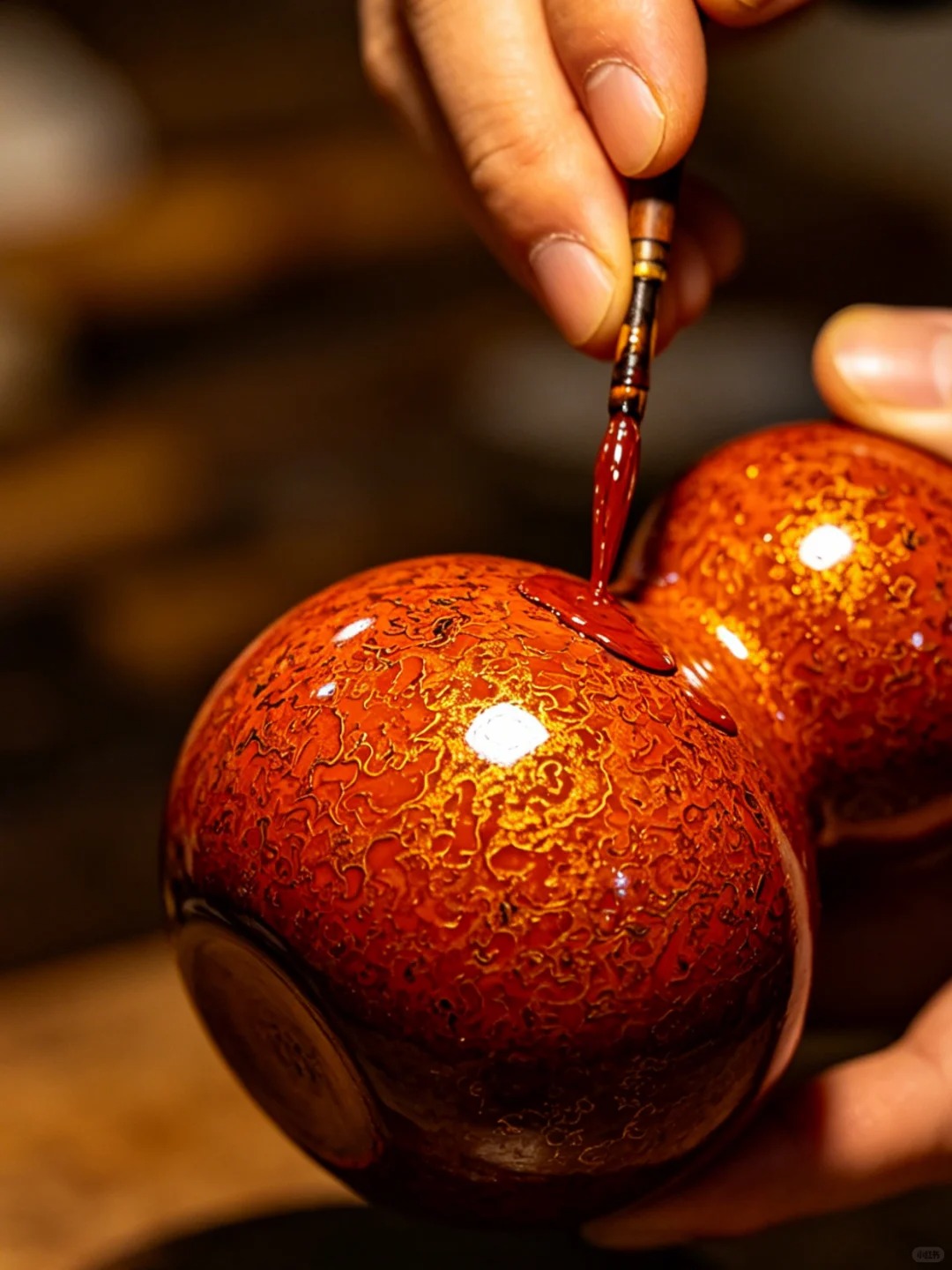 Artisan polishing a lacquer gourd