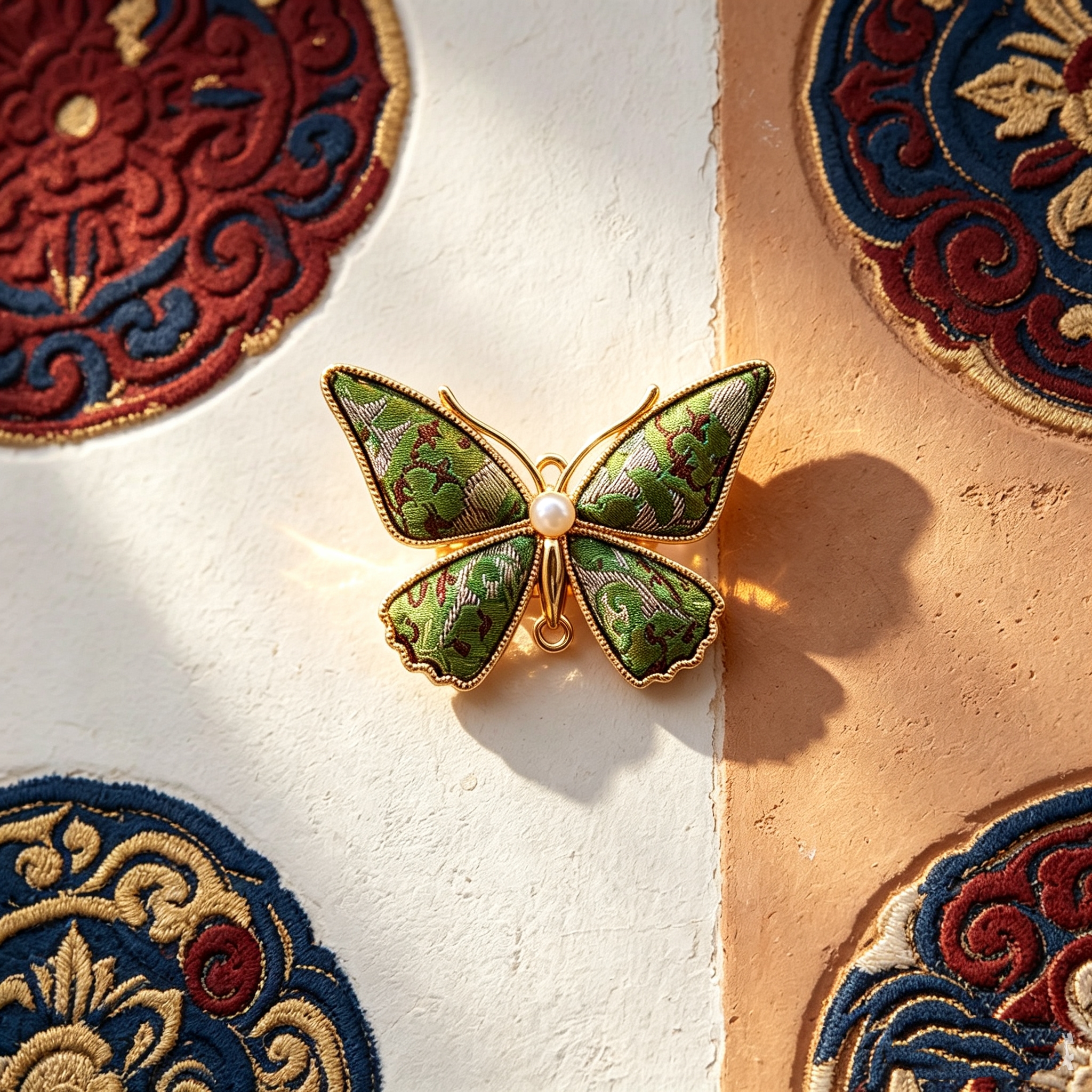 Green Tibetan silk butterfly brooch