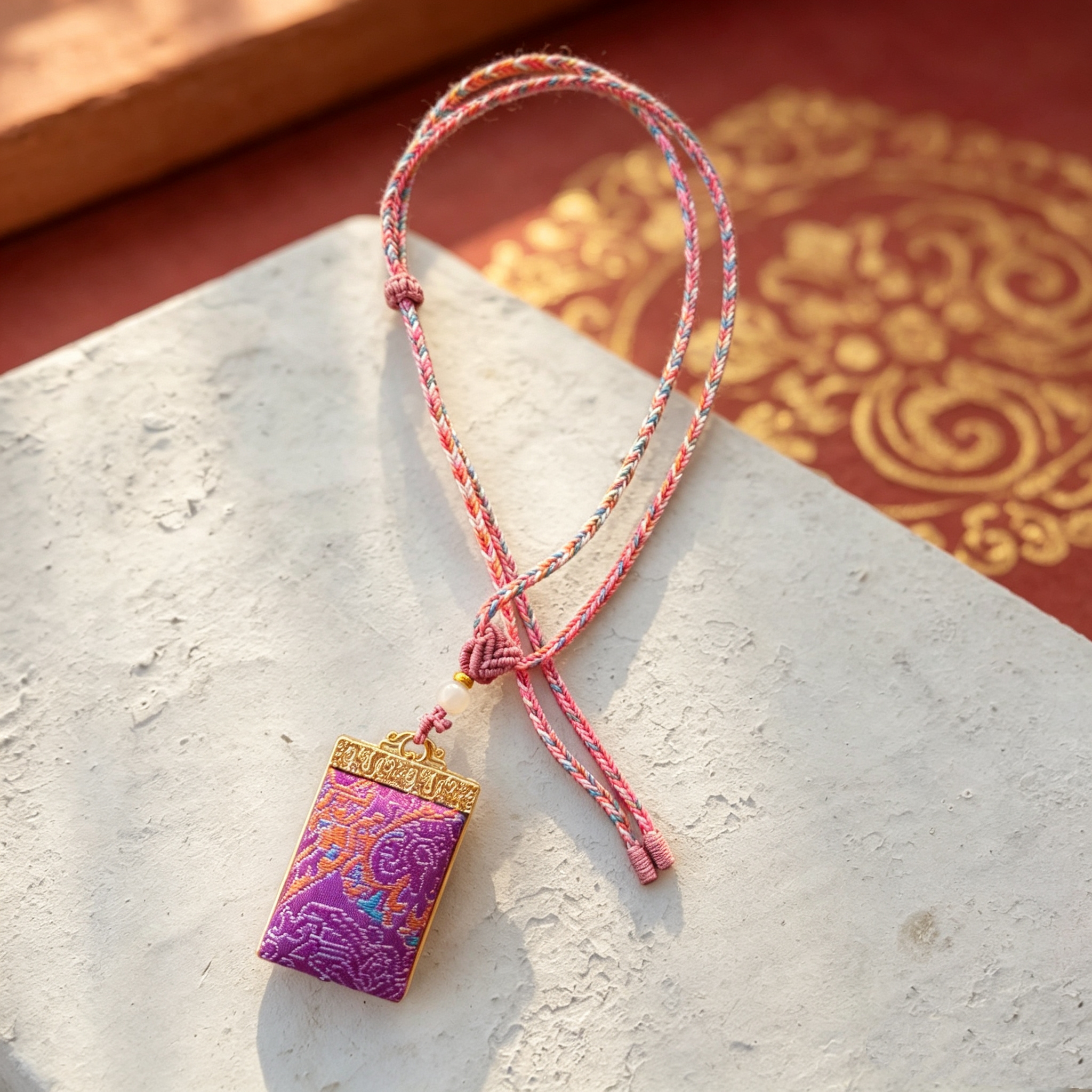 Tibetan brocade amulet pendant